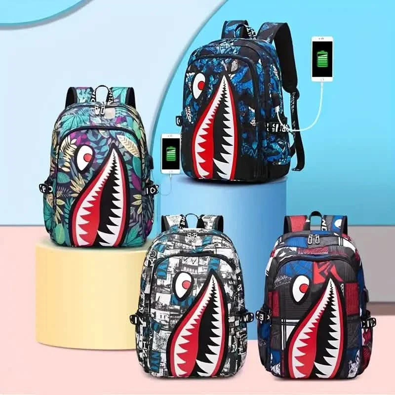 Patterned Shark Nylon Student Backpack Handbags & Wallets - Tophatter Daily Deals