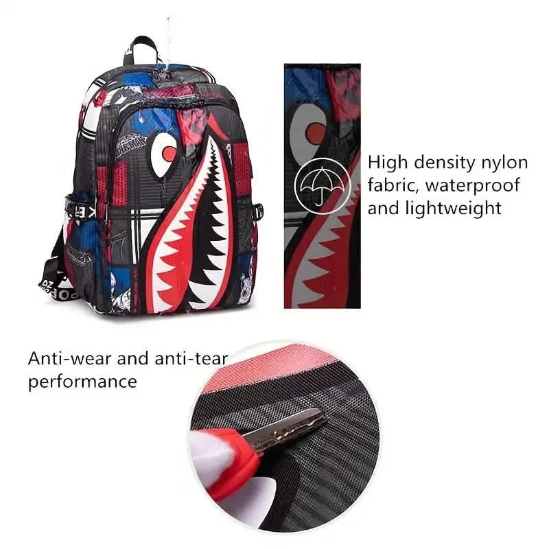 Patterned Shark Nylon Student Backpack Handbags & Wallets - Tophatter Daily Deals