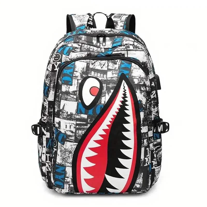 Patterned Shark Nylon Student Backpack NYC Charging Version Handbags & Wallets - Tophatter Daily Deals