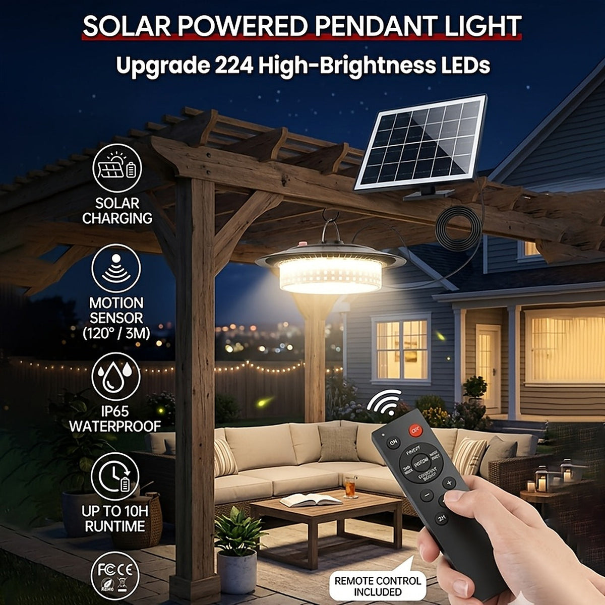 Solar Shed Light with Remote, 224 LED Pendant Work Light with Motion Sensor Solar Outdoor Lights - Tophatter Daily Deals