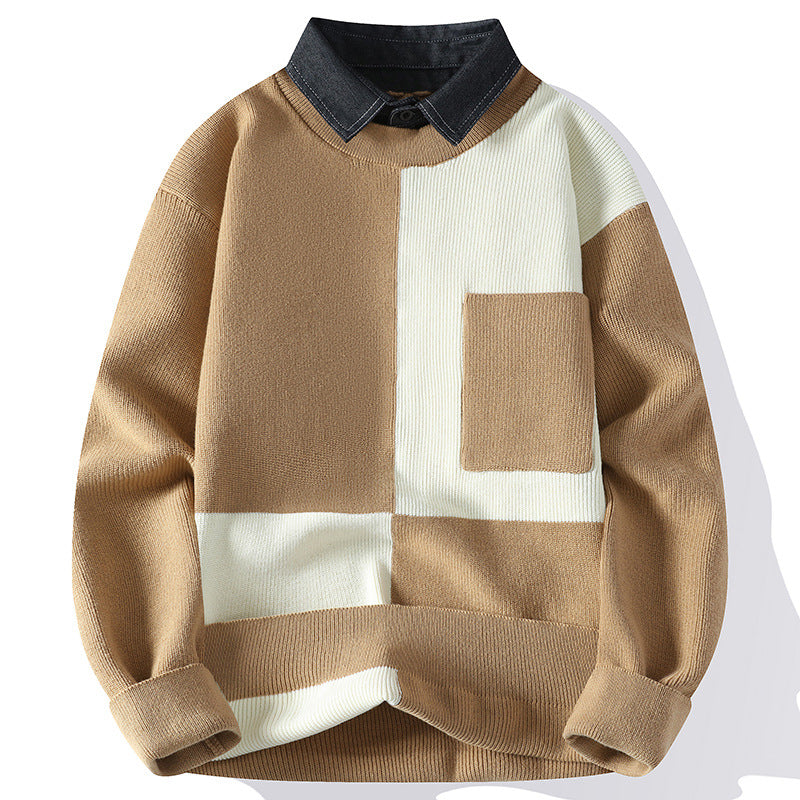 Fashion Shirt Fake Collar Knit Pullovers Khaki Men's Clothing - Tophatter Daily Deals