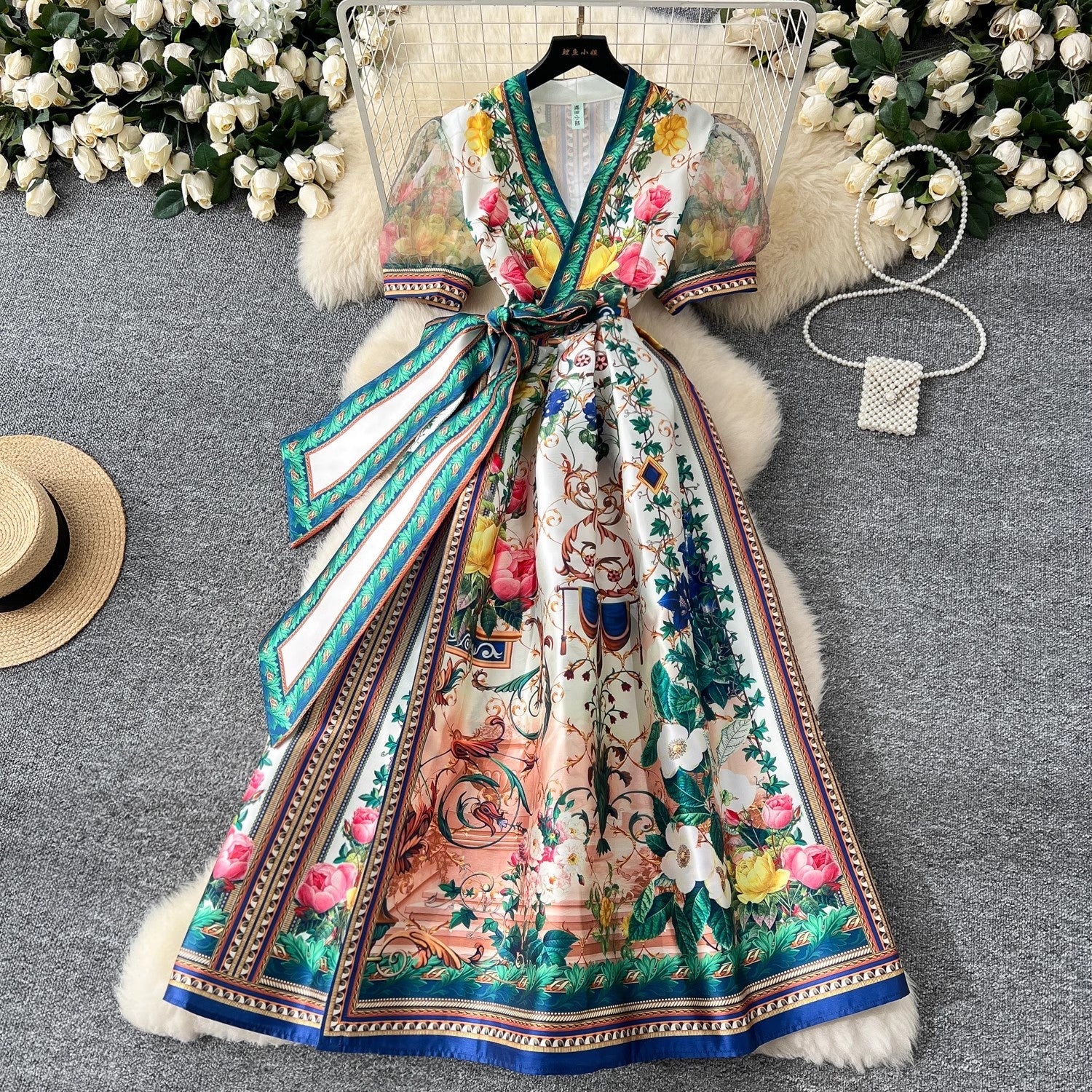Women V-Neck Short Puff Sleeve Lace Up Clothes Maxi Dresses - Tophatter Daily Deals