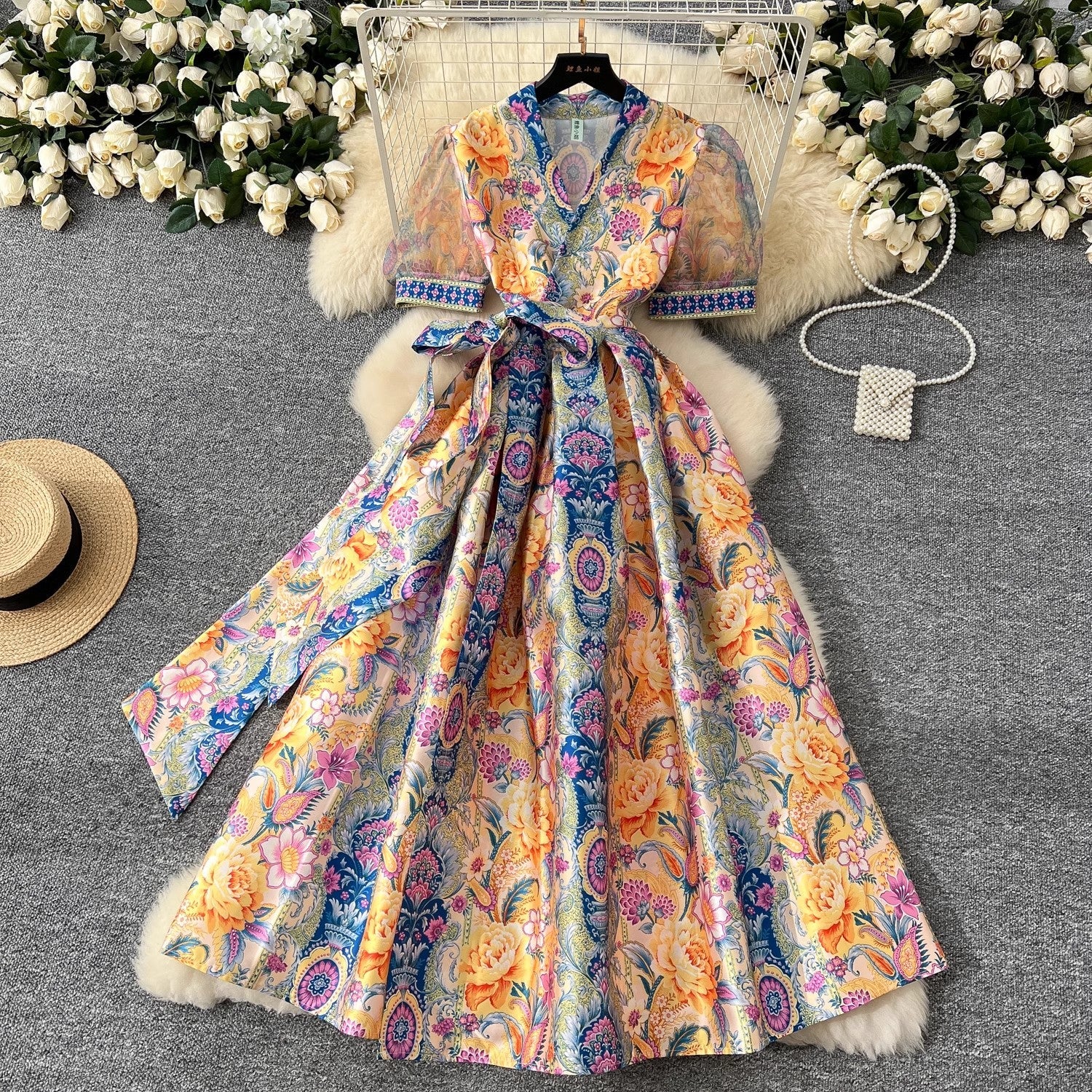 Women V-Neck Short Puff Sleeve Lace Up Clothes Maxi Dresses - Tophatter Daily Deals