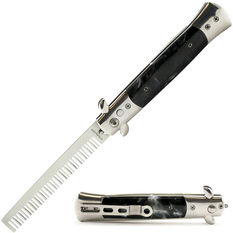 Automatic Push Button Folding Comb Switchblade Knife Black Pearl Handle - Tophatter's Inc. Weapons Store Online Collectible Weapons - Tophatter Daily Deals