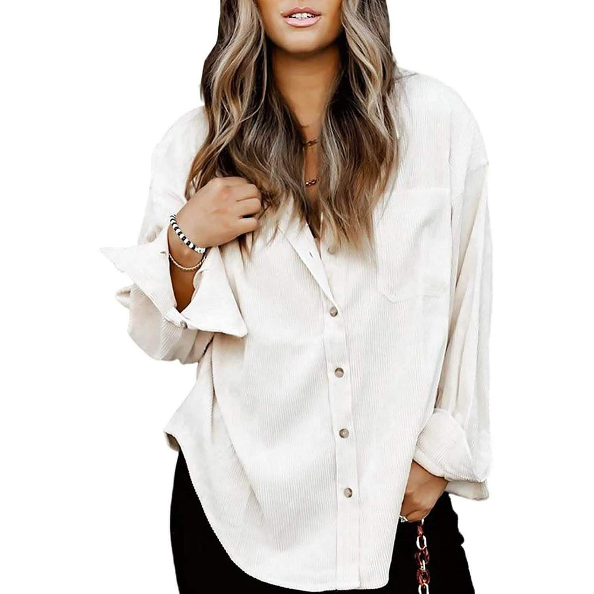 Sidefeel Women Corduroy Long Sleeve Button Down Shirt Oversized Jacket Tops Beige Women's Tops - Tophatter Daily Deals