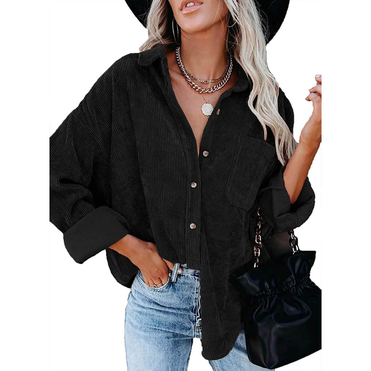 Sidefeel Women Corduroy Long Sleeve Button Down Shirt Oversized Jacket Tops Black Women's Tops - Tophatter Daily Deals