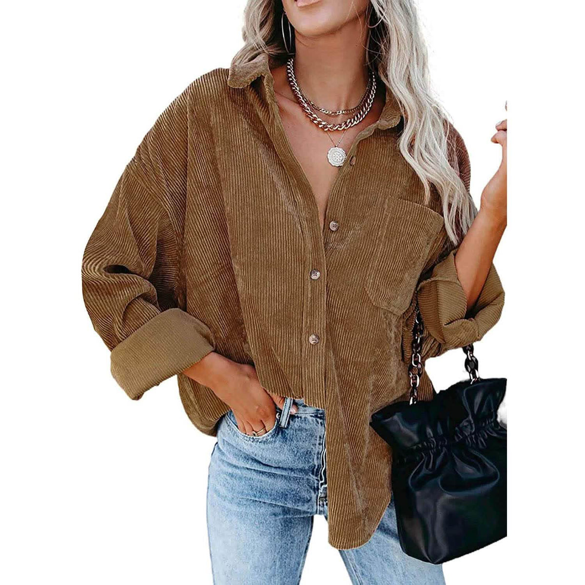 Sidefeel Women Corduroy Long Sleeve Button Down Shirt Oversized Jacket Tops Brown Women's Tops - Tophatter Daily Deals