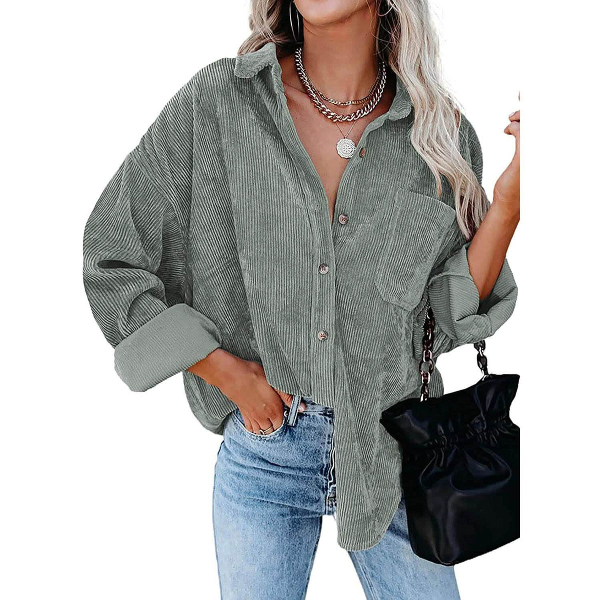 Sidefeel Women Corduroy Long Sleeve Button Down Shirt Oversized Jacket Tops Gray Women's Tops - Tophatter Daily Deals