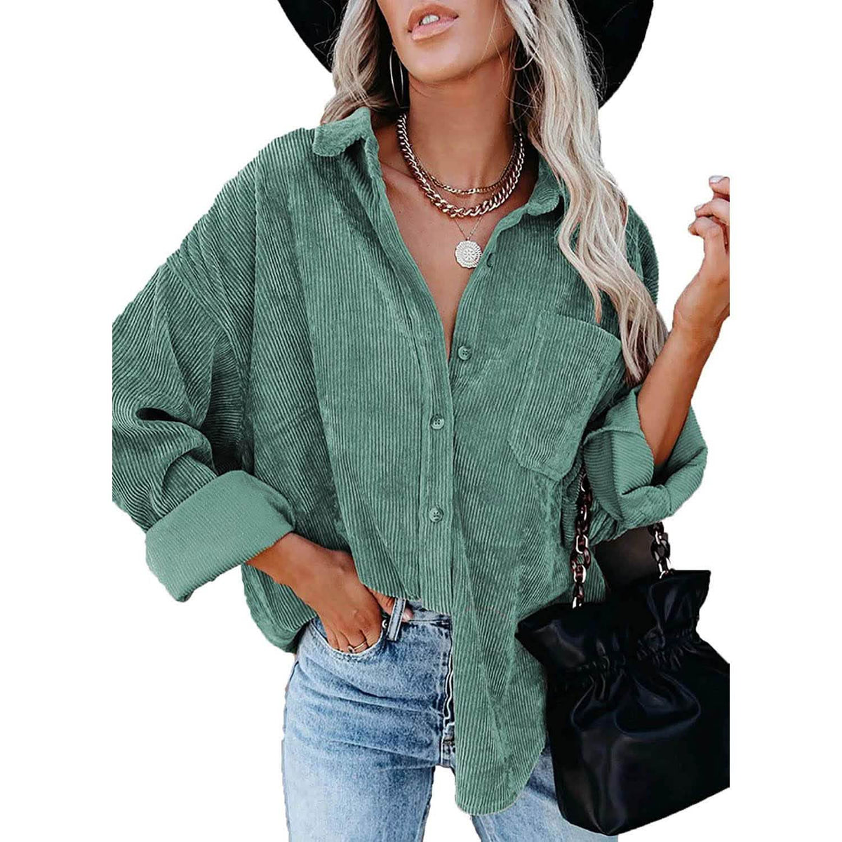 Sidefeel Women Corduroy Long Sleeve Button Down Shirt Oversized Jacket Tops Green Women's Tops - Tophatter Daily Deals