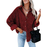 Sidefeel Women Corduroy Long Sleeve Button Down Shirt Oversized Jacket Tops Red Women's Tops - Tophatter Daily Deals