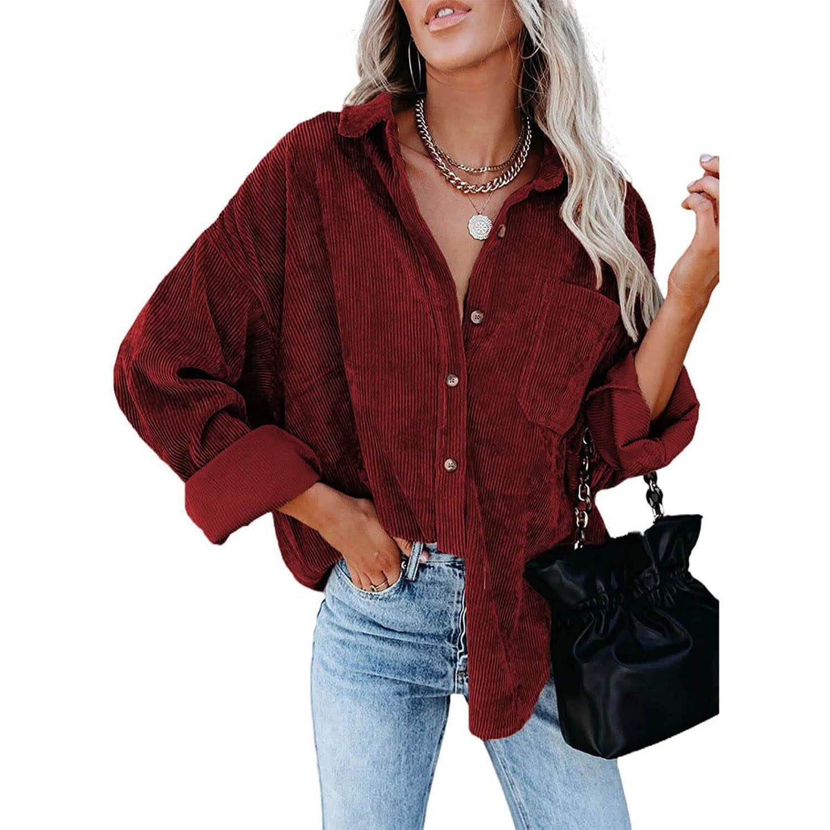 Sidefeel Women Corduroy Long Sleeve Button Down Shirt Oversized Jacket Tops Red Women's Tops - Tophatter Daily Deals