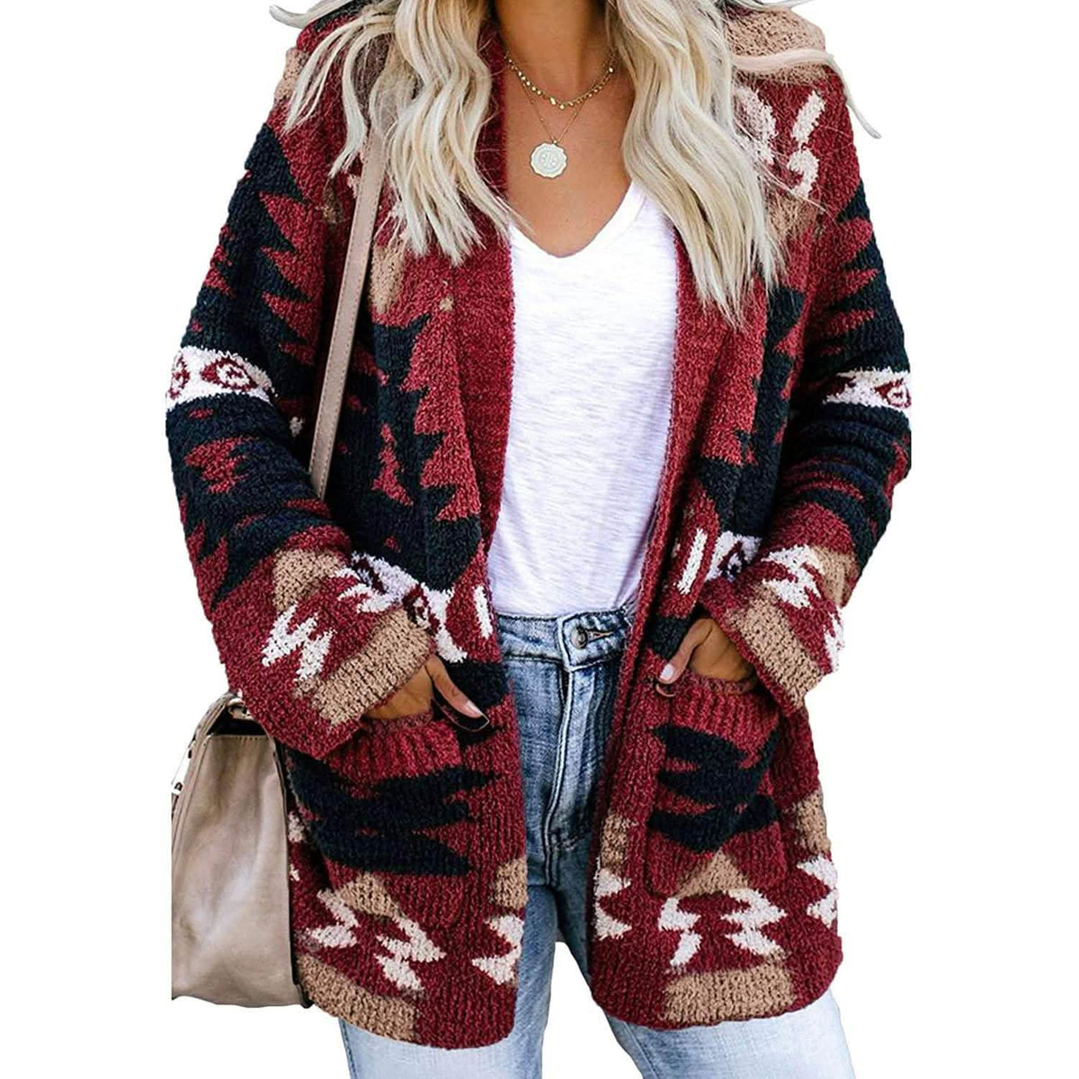 Sidefeel Women Open Front Cardigan Sweater Button Down Knit Sweater Coat Red Women's Outerwear - Tophatter Daily Deals
