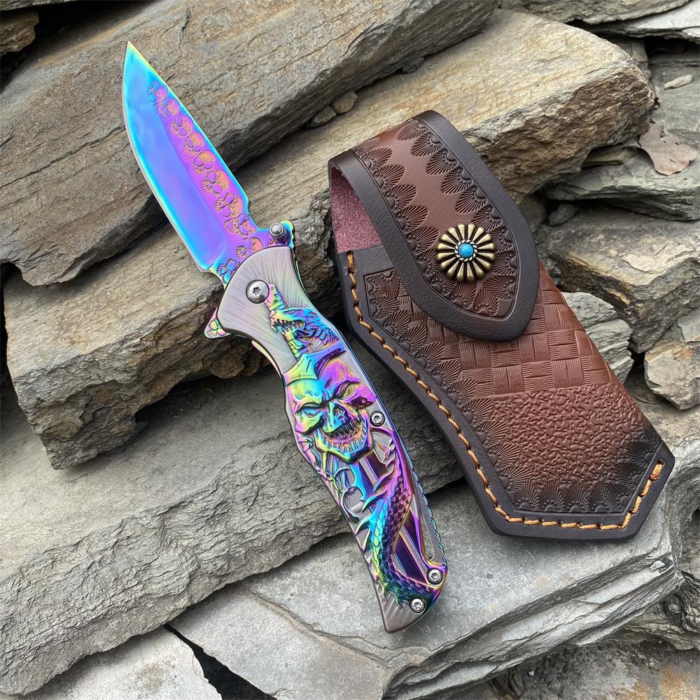 Snake Skull Relief Folding Knife Blue & Case - Tophatter Daily Deals