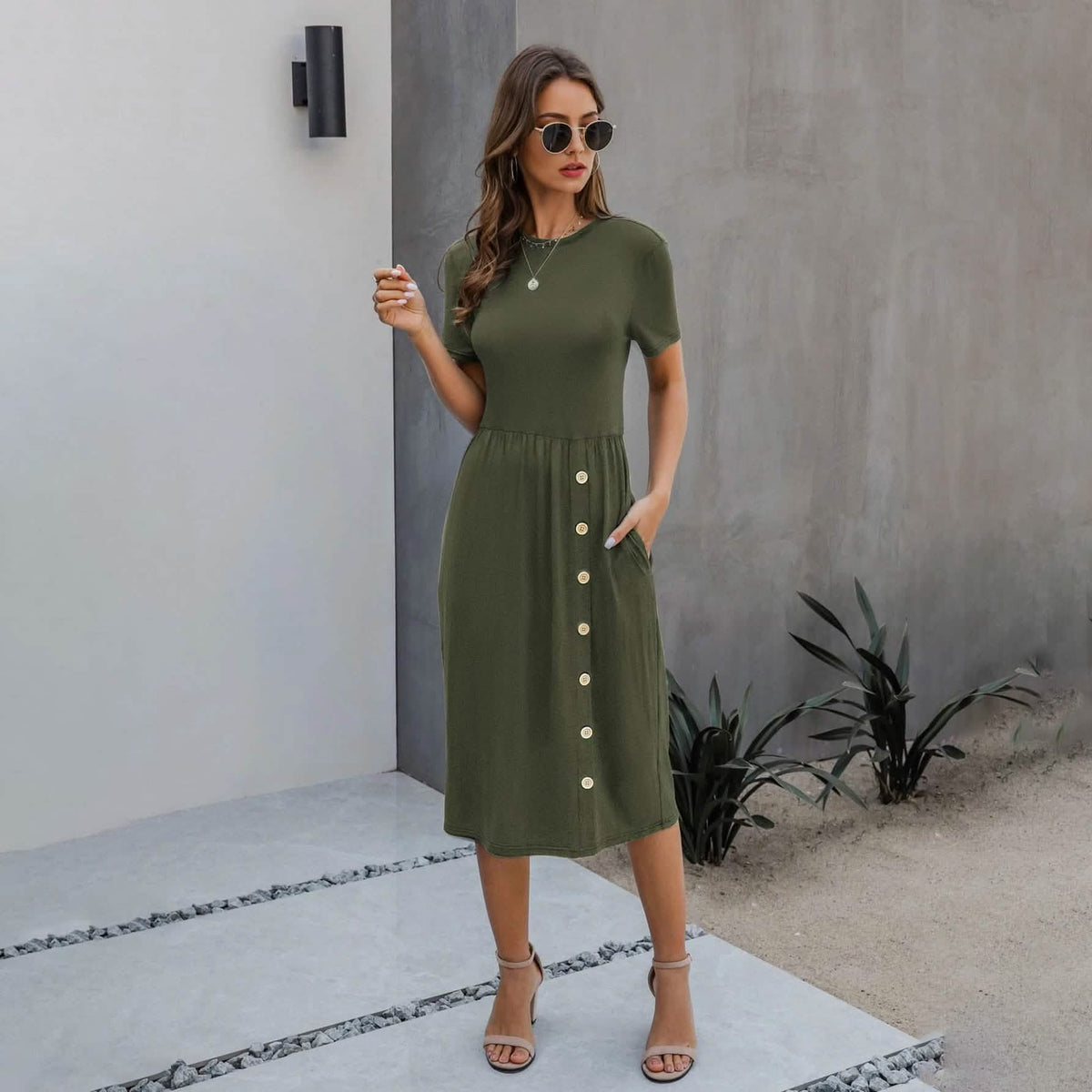 Slant Pocket Button Detail Dress Army Green Women's Dresses - Tophatter Daily Deals