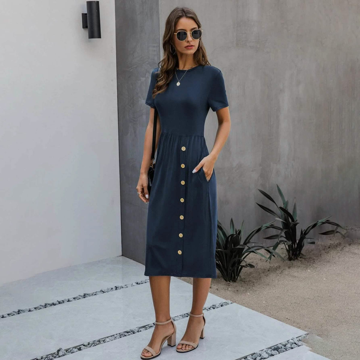 Slant Pocket Button Detail Dress Women's Dresses - Tophatter Daily Deals