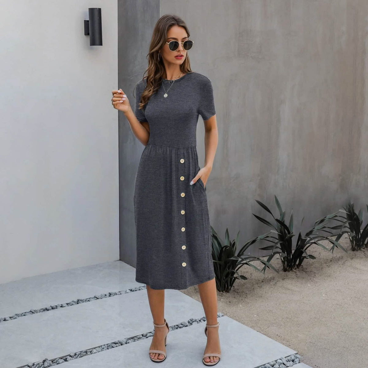 Slant Pocket Button Detail Dress Dark Gray Women's Dresses - Tophatter Daily Deals