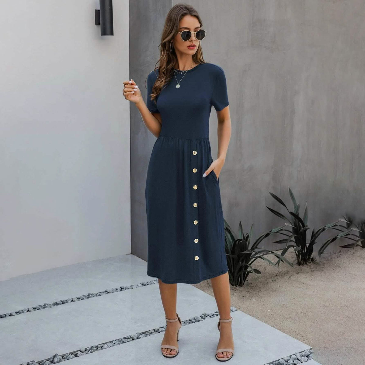 Slant Pocket Button Detail Dress Navy Women's Dresses - Tophatter Daily Deals
