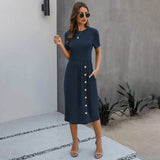 Slant Pocket Button Detail Dress Navy Women's Dresses - Tophatter Daily Deals