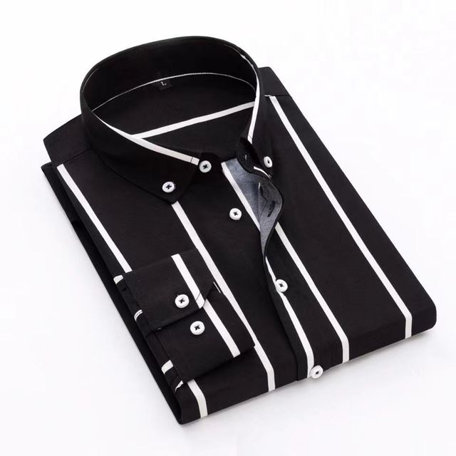 Slim Fit Plaid Shirt Casual Business Long Sleeve Wide Striped Black Men's Shirts - Tophatter Daily Deals
