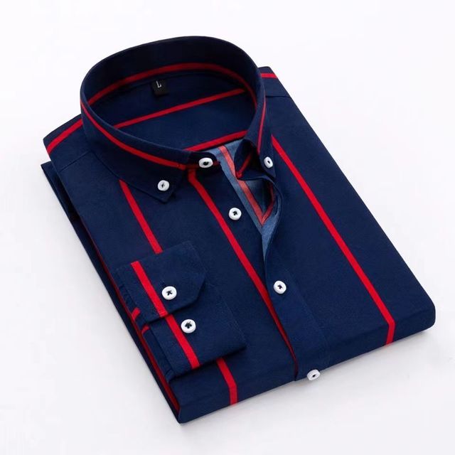 Slim Fit Plaid Shirt Casual Business Long Sleeve Wide Striped Blue Men's Shirts - Tophatter Daily Deals