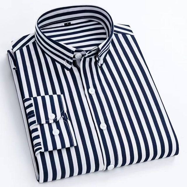 Slim Fit Plaid Shirt Casual Business Long Sleeve Striped Black Men's Shirts - Tophatter Daily Deals