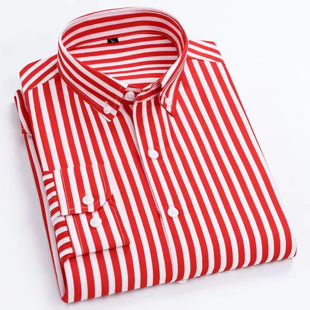 Slim Fit Plaid Shirt Casual Business Long Sleeve Striped Red Men's Shirts - Tophatter Daily Deals