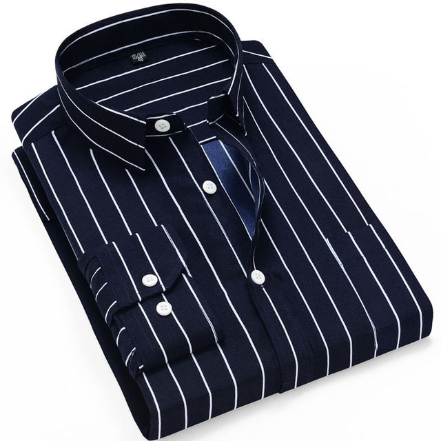 Slim Fit Plaid Shirt Casual Business Long Sleeve Striped Navy Men's Shirts - Tophatter Daily Deals