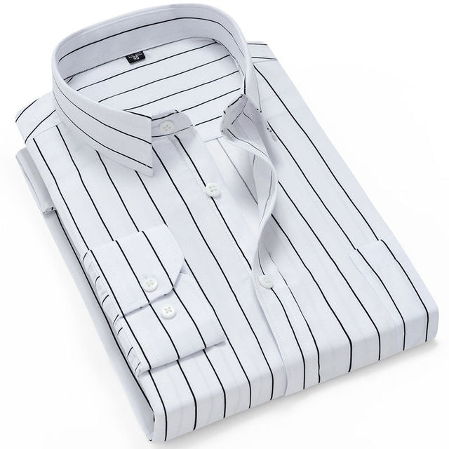 Slim Fit Plaid Shirt Casual Business Long Sleeve Striped Whtie Men's Shirts - Tophatter Daily Deals