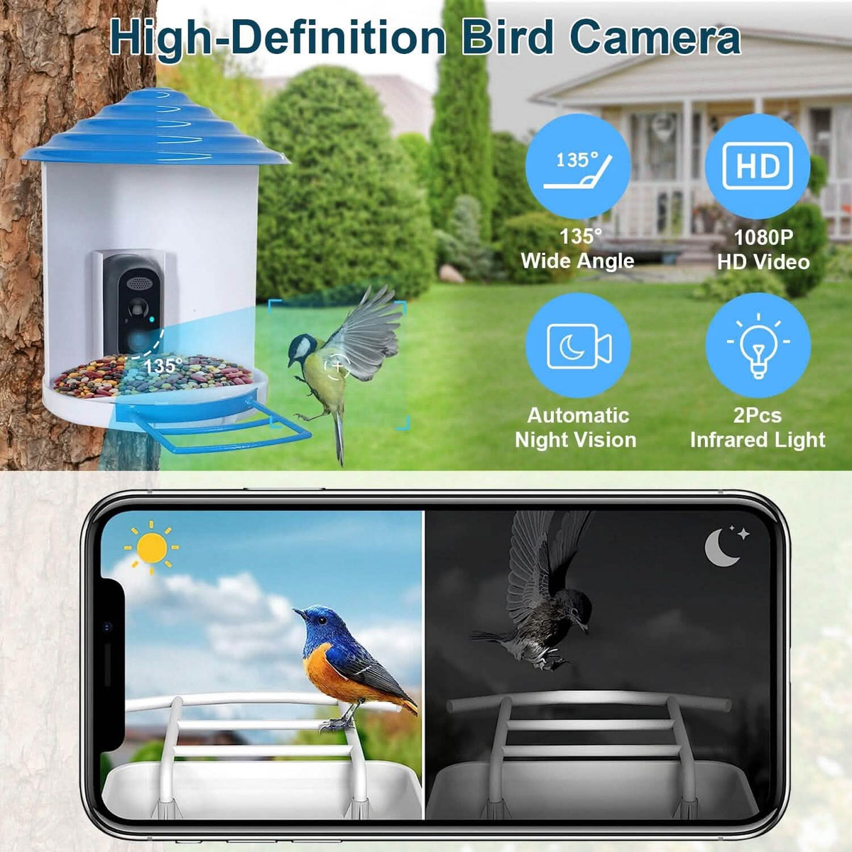 Smart Bird Feeder with Solar Powered Camera 1080P HD AI Identify PIR Pet Supplies - Tophatter Daily Deals