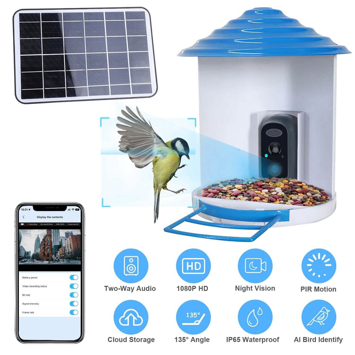 Smart Bird Feeder with Solar Powered Camera 1080P HD AI Identify PIR Pet Supplies - Tophatter Daily Deals