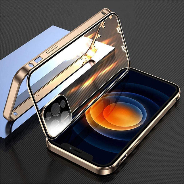 Metal Magnetic Double-Sided Glass Snap Lock Phone Case For iPhone 11 ,12 , 13 Gold iPhone Cases - Tophatter Daily Deals