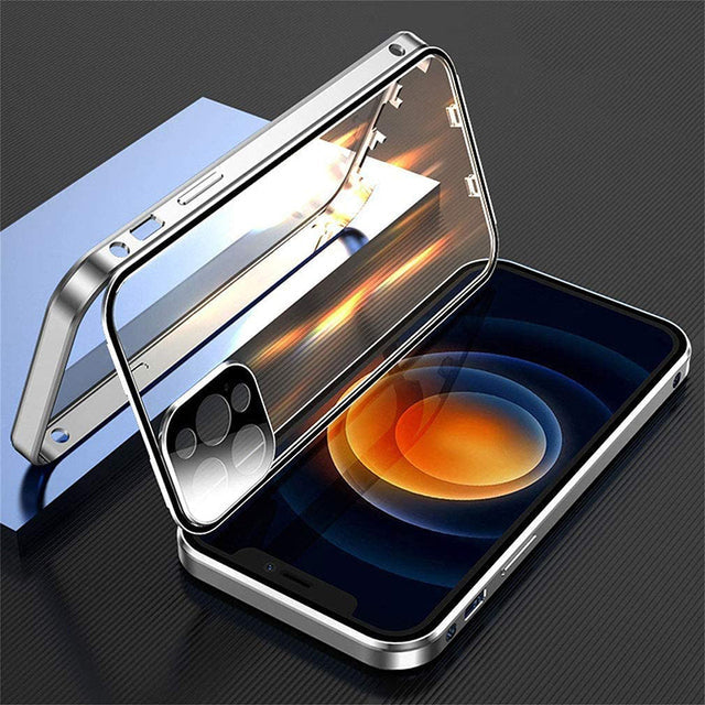 Metal Magnetic Double-Sided Glass Snap Lock Phone Case For iPhone 11 ,12 , 13 Silver iPhone Cases - Tophatter Daily Deals
