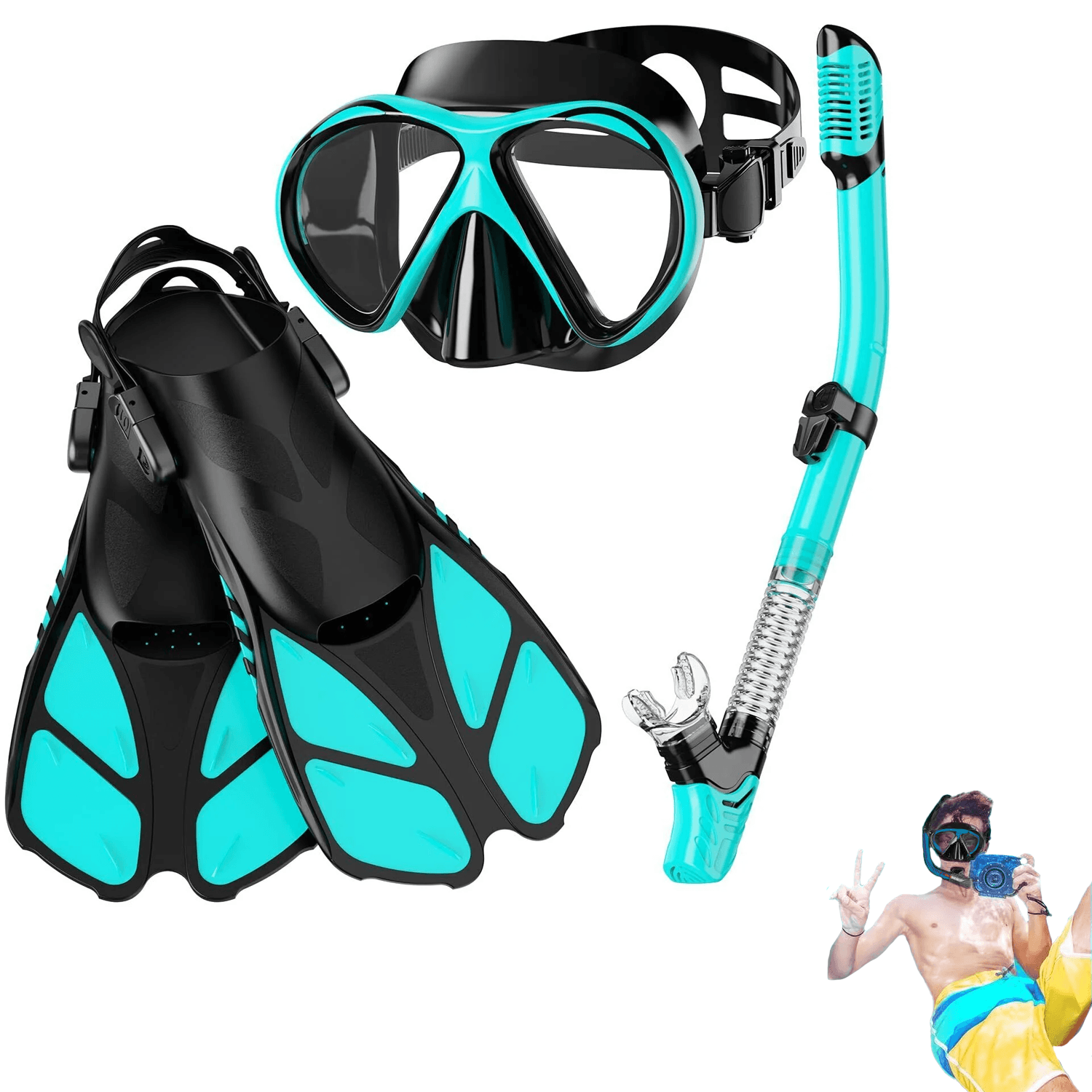 Snorkel Sets for Adults - Snorkel Mask Set for Adults Diving Swimming Equipment with Flippers Snorkelling Swimming - Tophatter Daily Deals