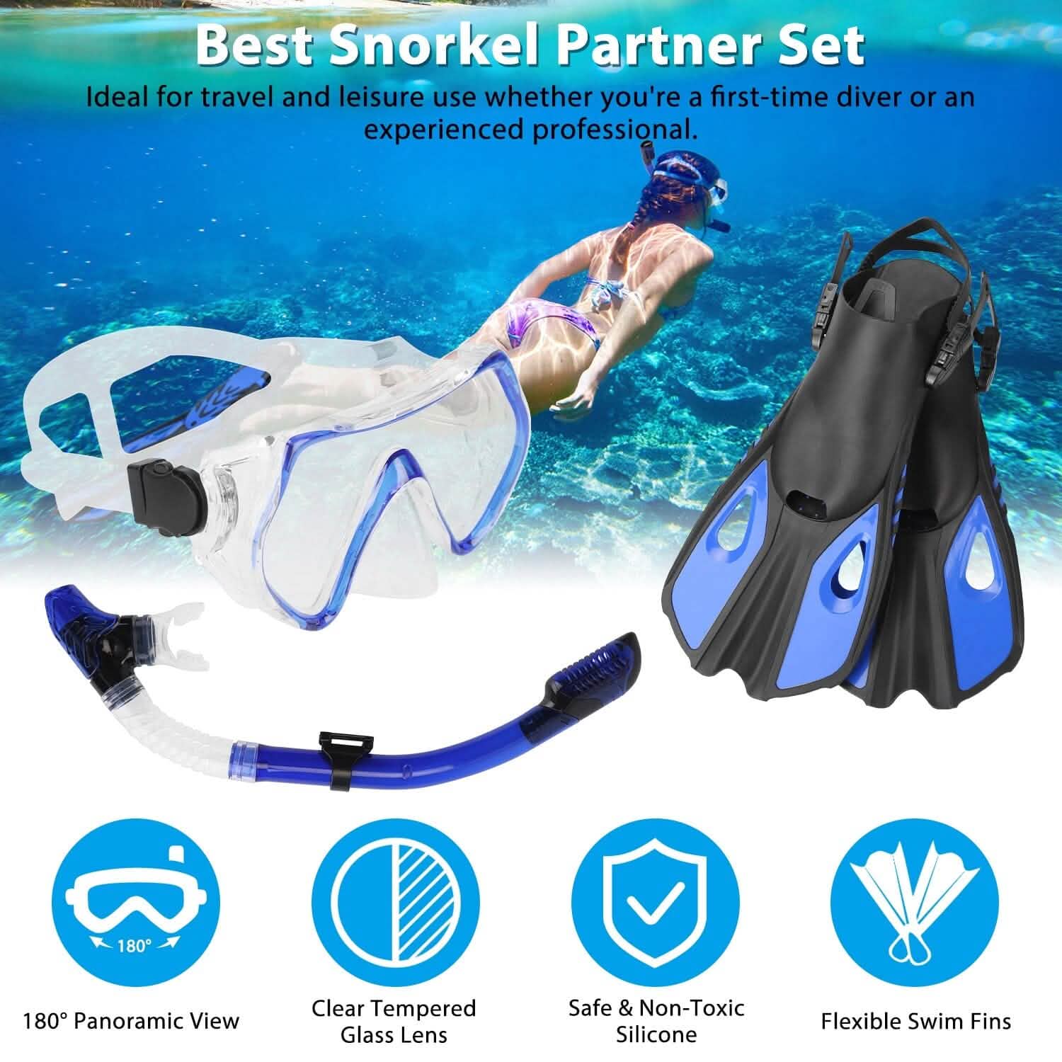 Snorkling Gear Mask Fin Set with Adjustable Swim Fins Outdoor Recreation - Tophatter Daily Deals