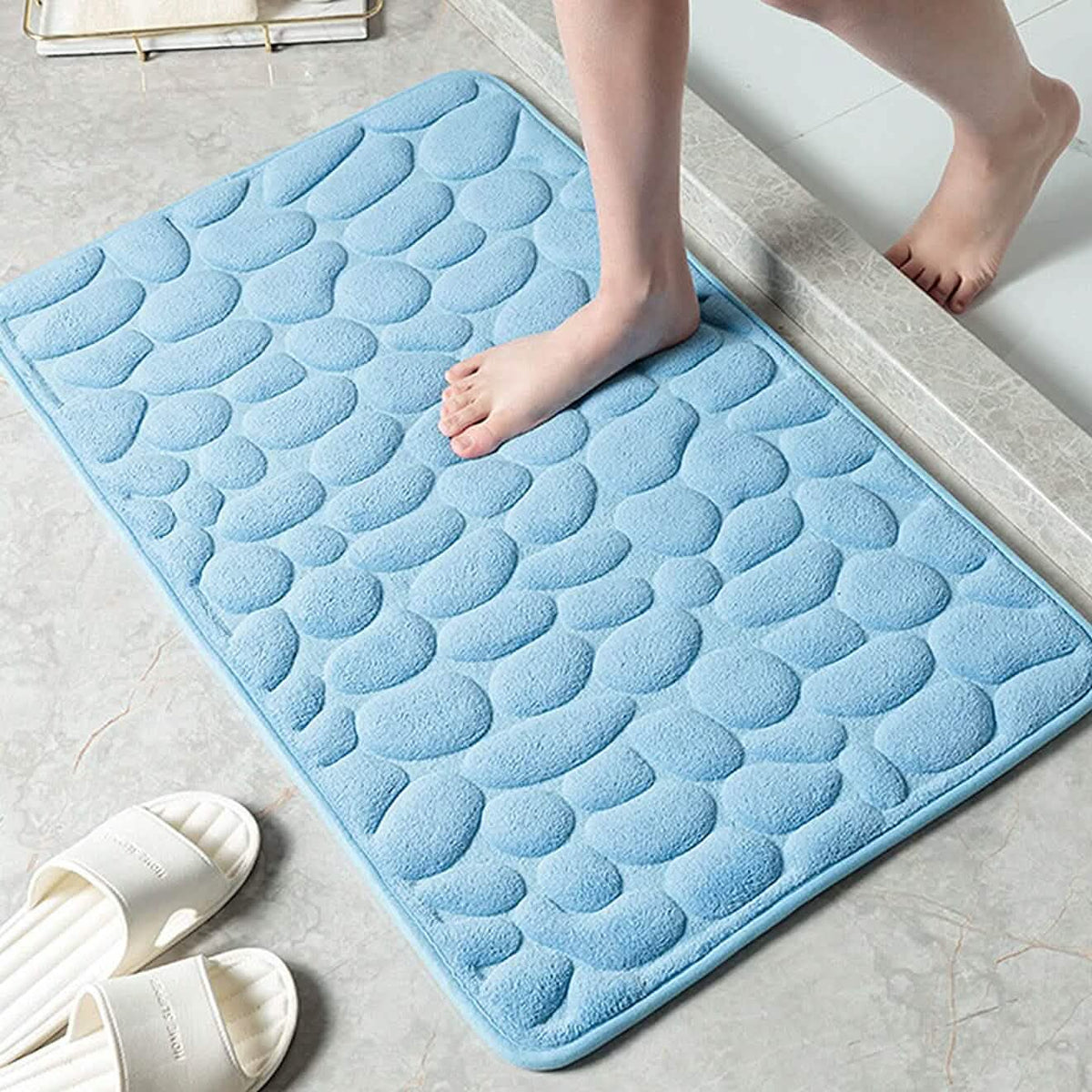 Soft Memory Foam Non Slip Cobblestone Embossing Bath Mat Blue Bath - Tophatter Daily Deals
