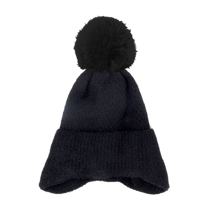 Soft Solid Earflap Knit Pom Pom Beanie Hat Black Hats - Tophatter Daily Deals