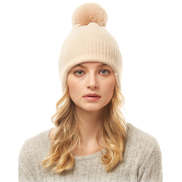 Soft Solid Earflap Knit Pom Pom Beanie Hat Ivory Hats - Tophatter Daily Deals