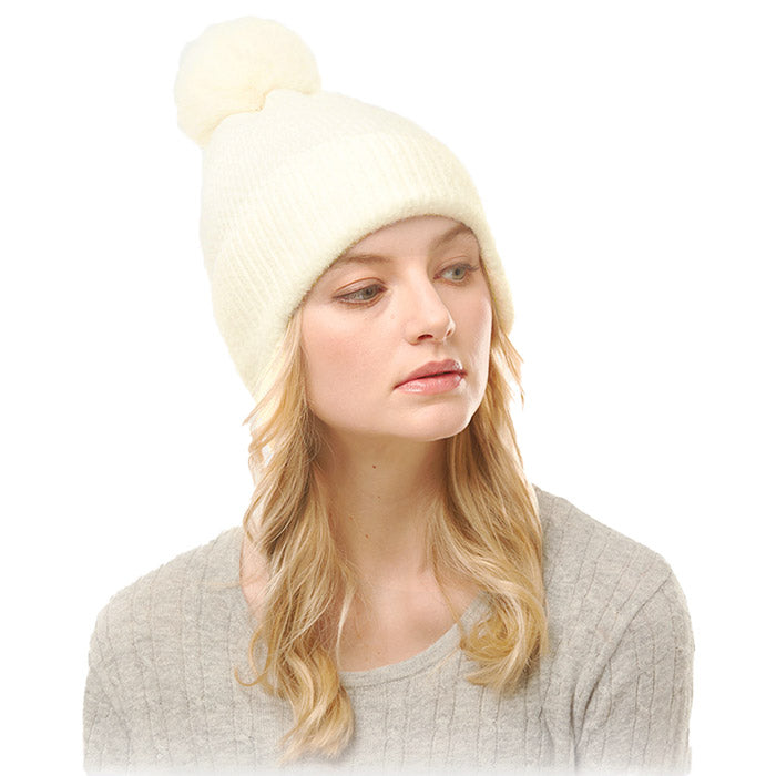 Soft Solid Earflap Knit Pom Pom Beanie Hat White Hats - Tophatter Daily Deals