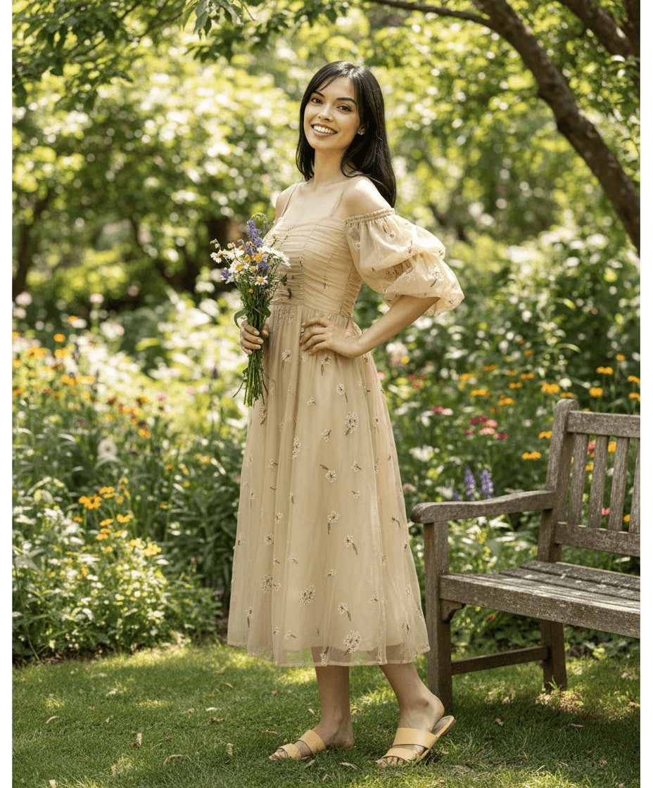 Beautiful New soft yellow Plus Size Autumn Loose Puff Sleeve Pleated Floral Long Sling Dress for Women 0 - Tophatter Daily Deals