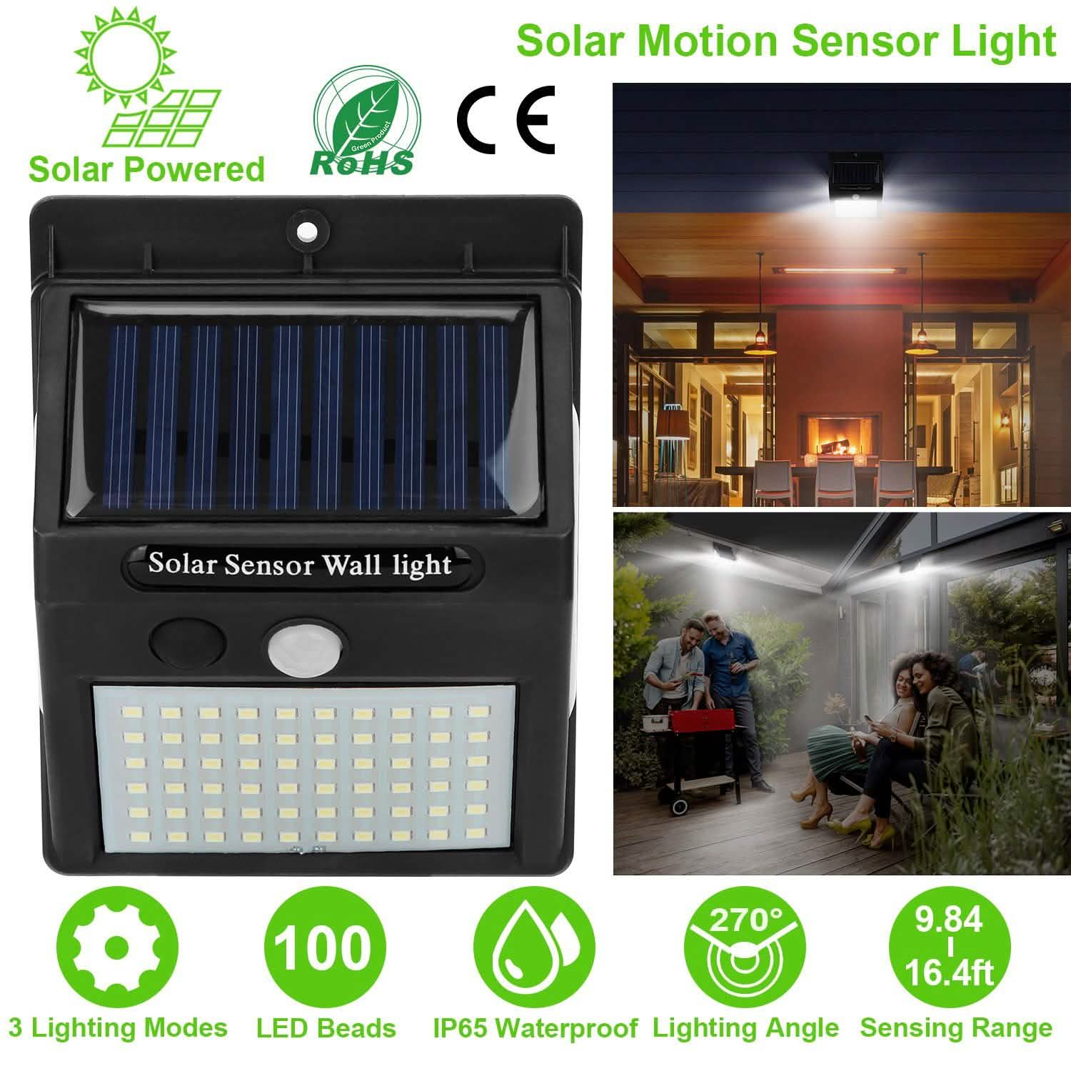 Solar 100 LEDs PIR Motion Sensor Wall Light Outdoor Lighting - Tophatter Daily Deals