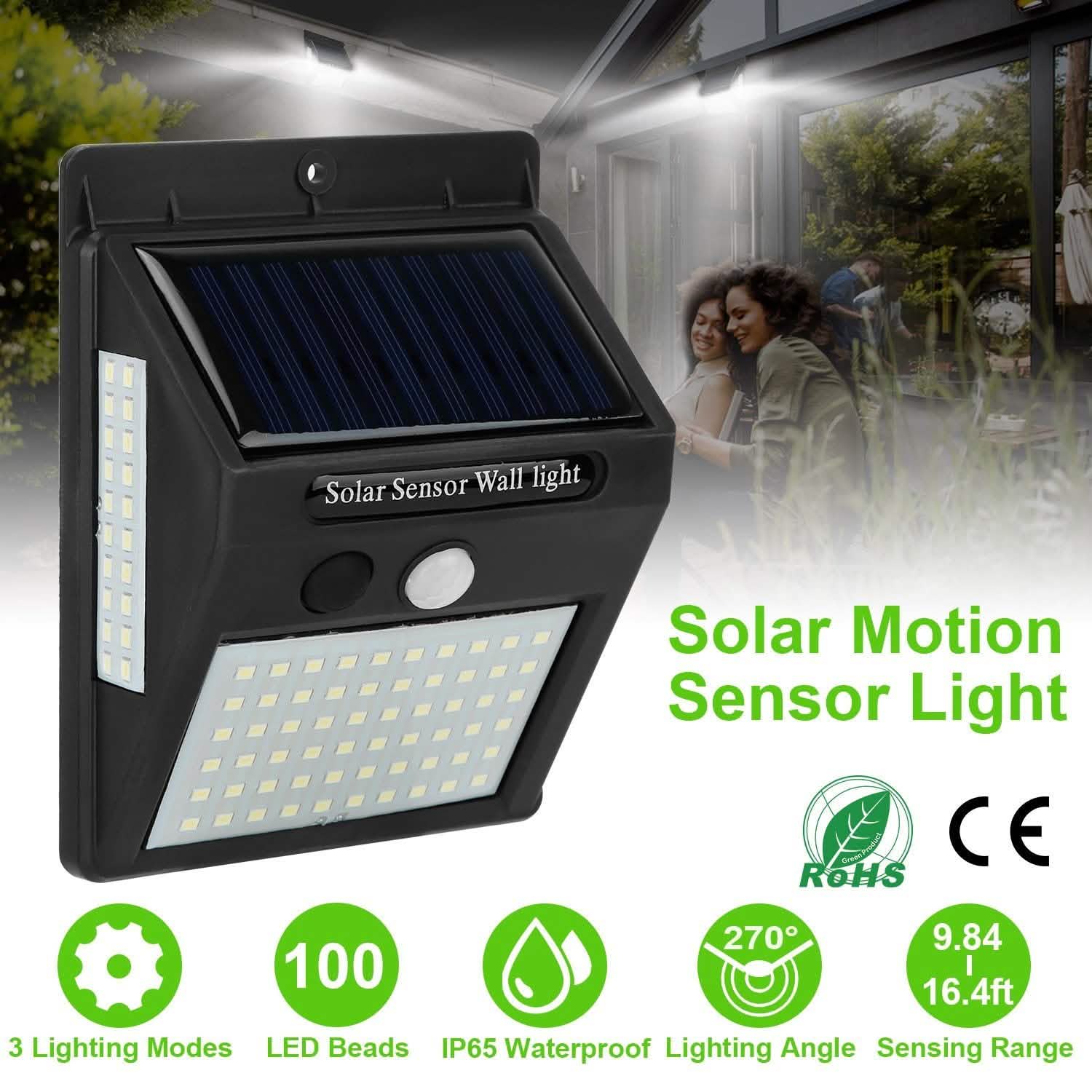 Solar 100 LEDs PIR Motion Sensor Wall Light Outdoor Lighting - Tophatter Daily Deals