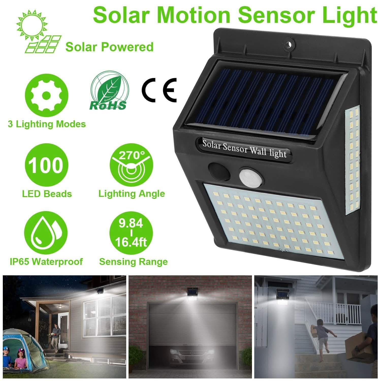 Solar 100 LEDs PIR Motion Sensor Wall Light Outdoor Lighting - Tophatter Daily Deals