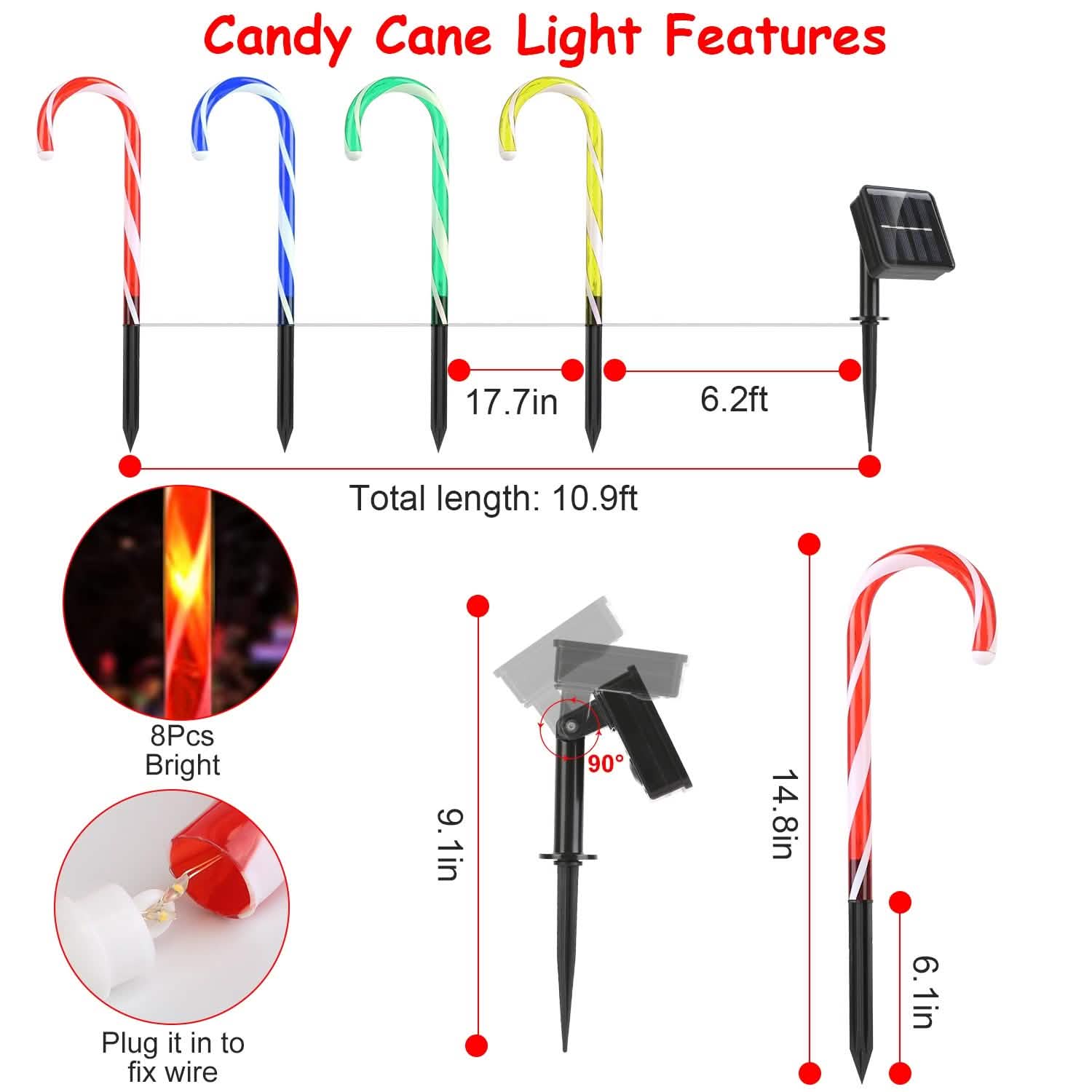 Solar Christmas Candy Cane Light IP55 Waterproof Stake Light Seasonal Decor - Tophatter Daily Deals
