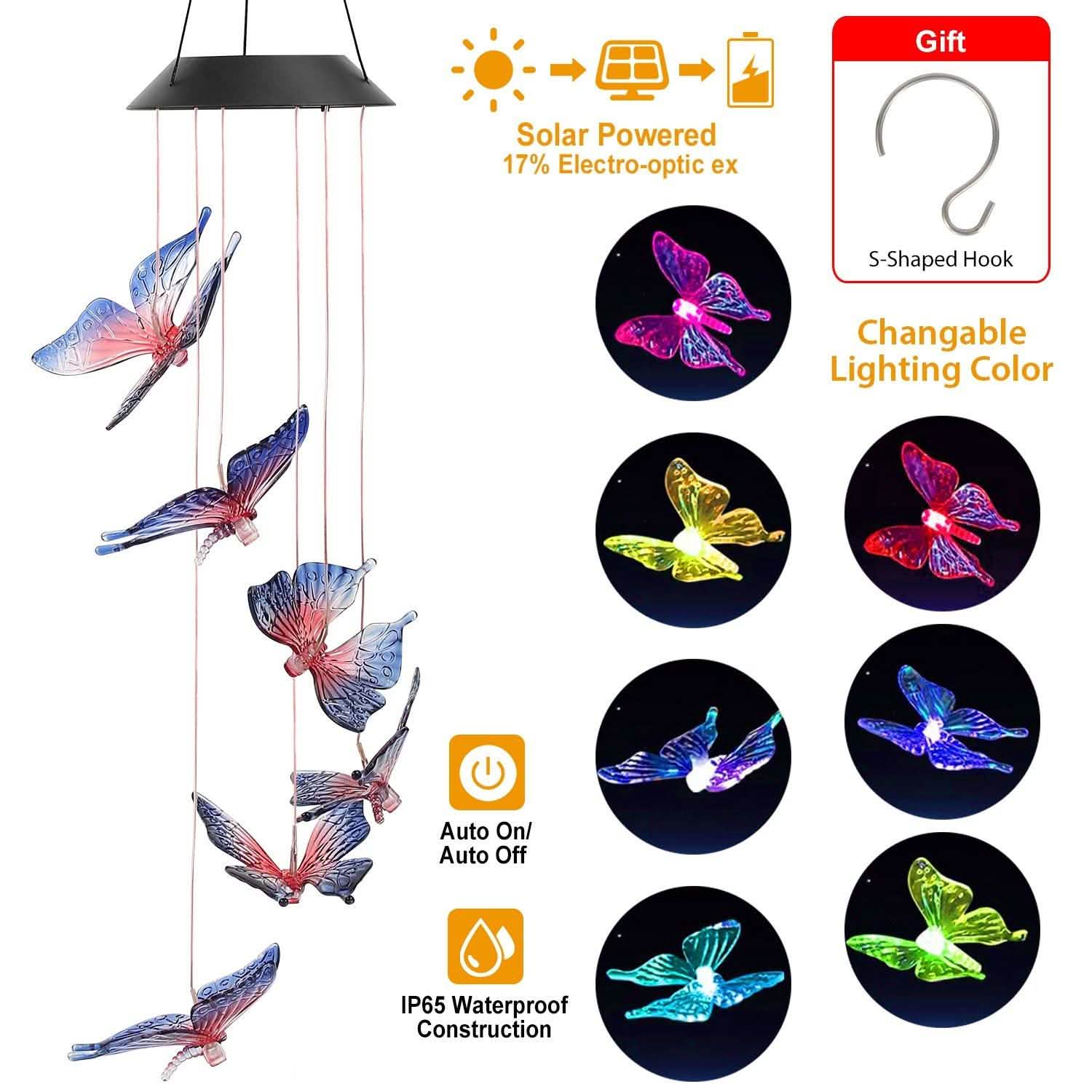 Solar LED Butterfly Wind Chimes String & Fairy Lights - Tophatter Daily Deals