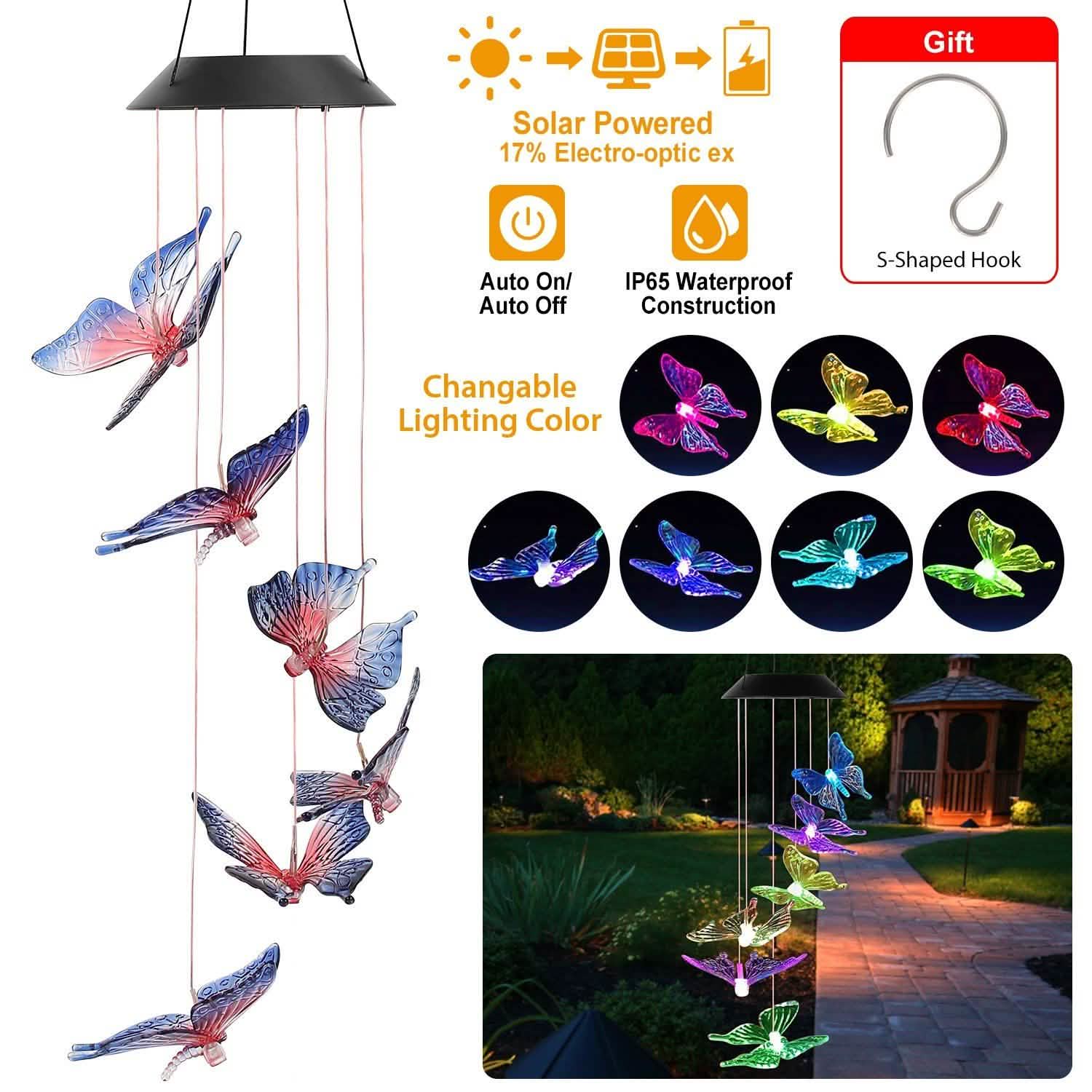 Solar LED Butterfly Wind Chimes String & Fairy Lights - Tophatter Daily Deals