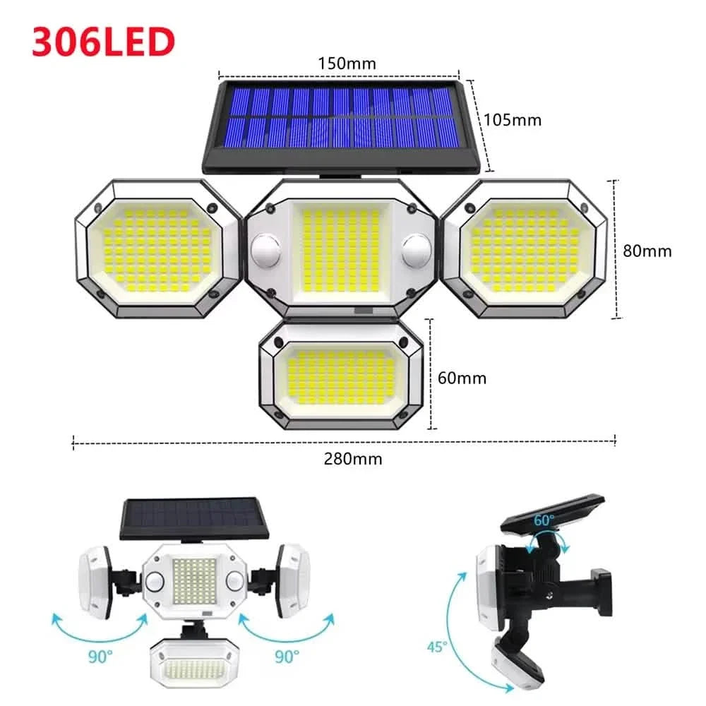Solar Light Outdoor with Remote Control Double Motion Sensor Light 306/208 Led Wall Lamp IP65 Spotlight Exterior Garage Lighting Solar Outdoor Lights - Tophatter Daily Deals