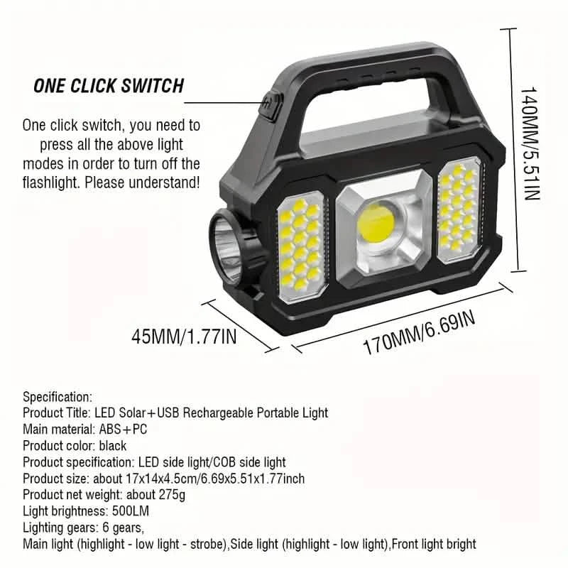 Solar Portable Flashlight & Handheld Searchlight with Side Lights Solar Outdoor Lights - Tophatter Daily Deals