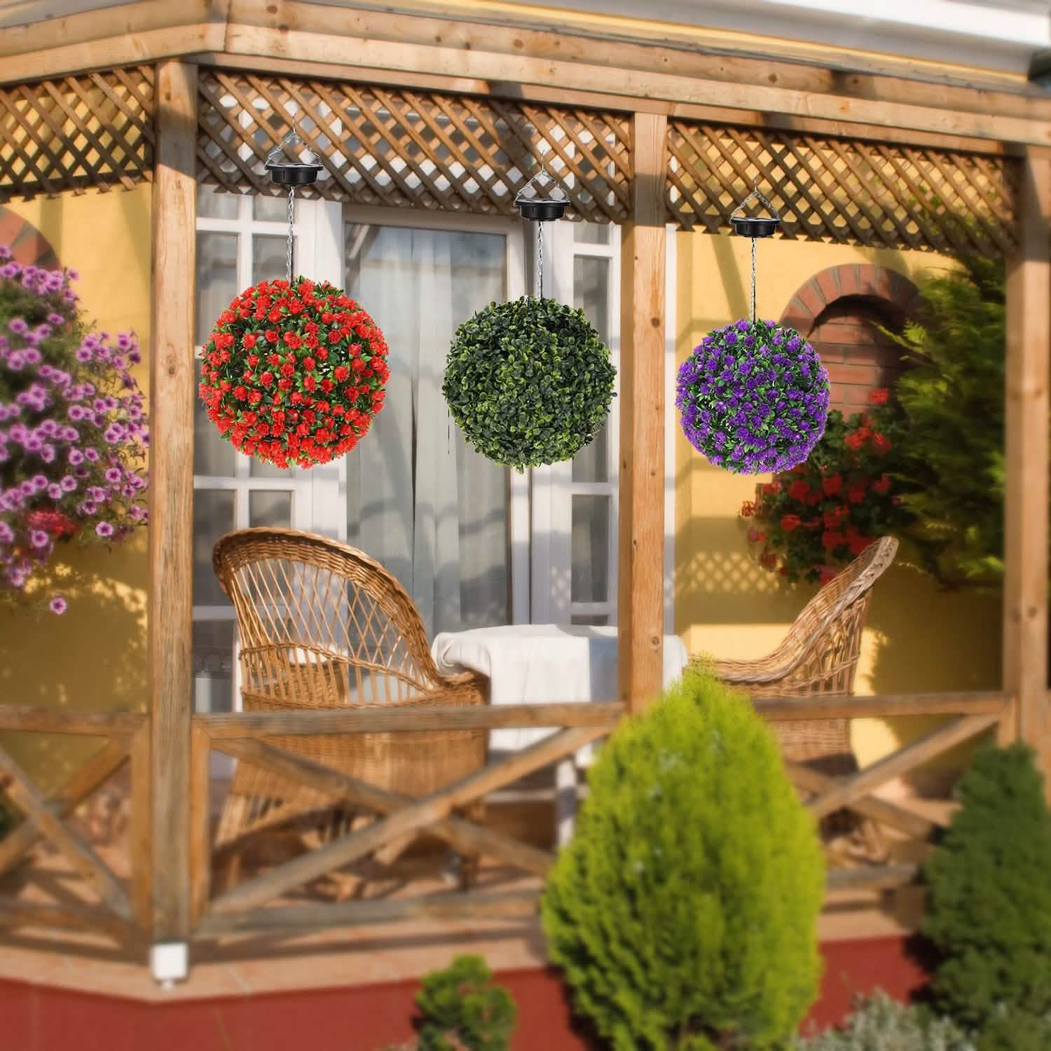 Solar Powered Topiary Ball Artificial Rose 20 LED Lights Garden & Patio - Tophatter Daily Deals