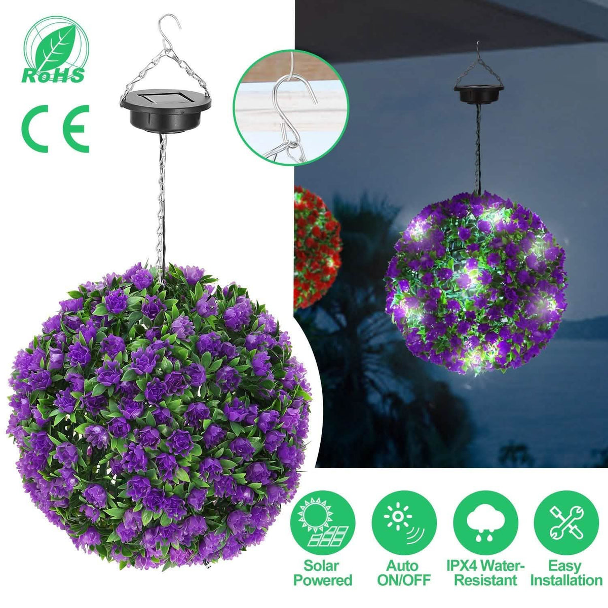 Solar Powered Topiary Ball Artificial Rose 20 LED Lights Garden & Patio - Tophatter Daily Deals