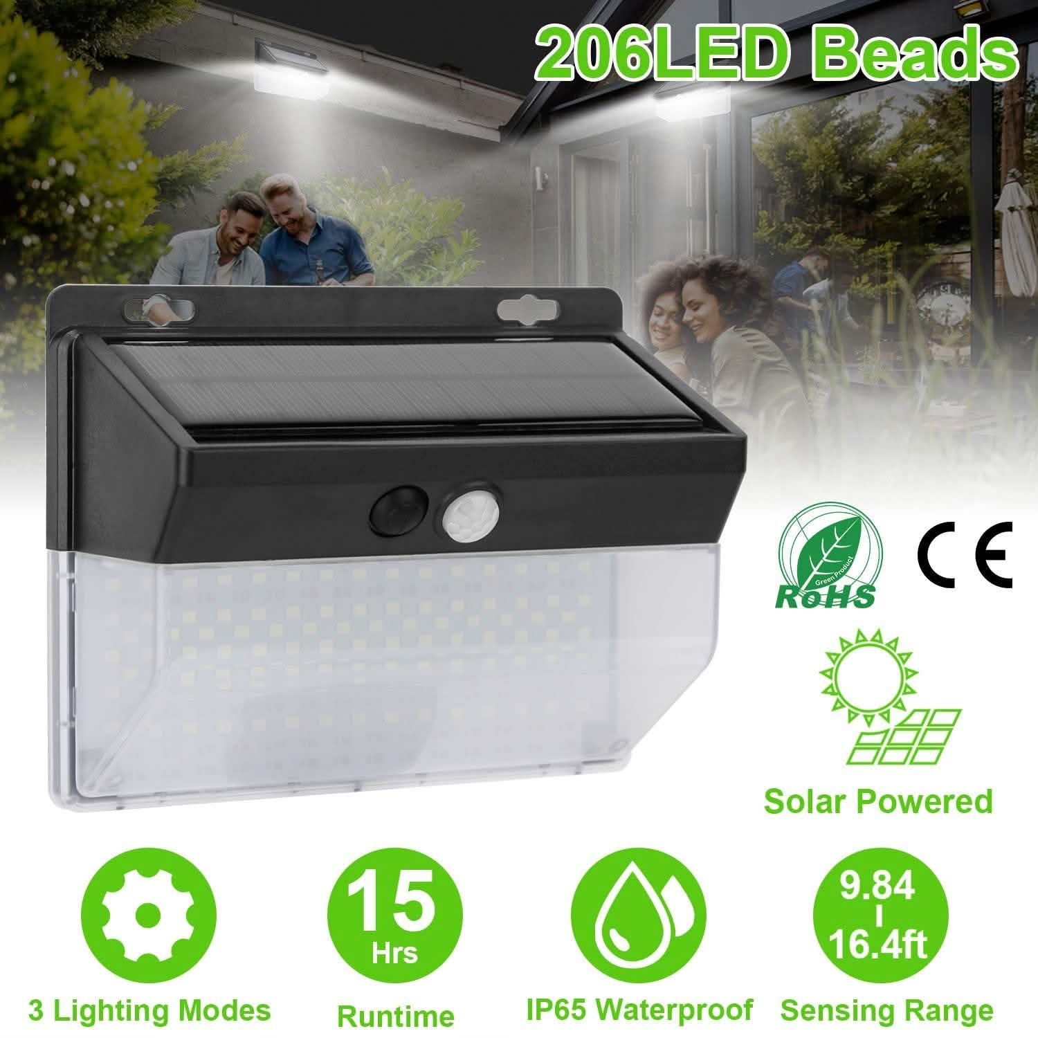 Solar Wall Light Outdoor 206 LEDs PIR Motion Sensor Lamp Outdoor Lighting - Tophatter Daily Deals